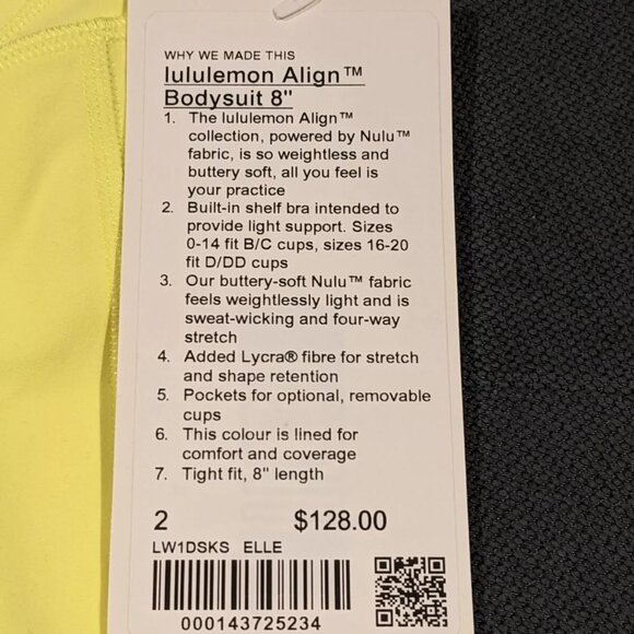 LULULEMON ALIGN BODYSUIT / ONESIE 8" ELECTRIC LEMON BRAND NEW WITH TAGS! - Picture 9 of 9
